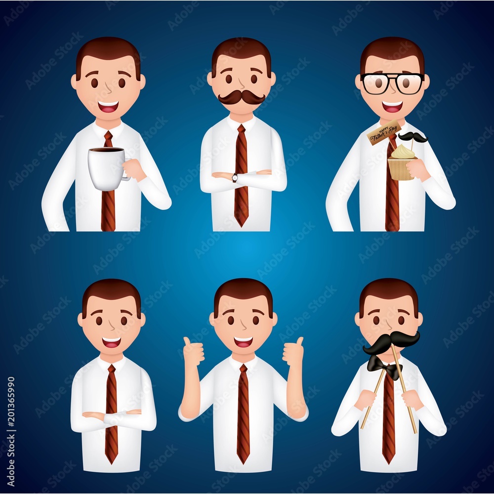 set mens casual suit smiling catching cake present holding moustache drinking coffee vector illustration set mens casual suit smiling catching cake present holding moustache drinking coffee vector illustration