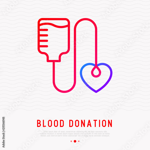 Blood donation concept: blood bag with drop in heart shape. Thin line icon. Modern vector illustration for World donor day.