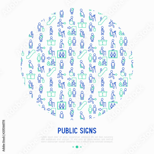Public signs concept in circle thin line icons: information stand, fire or emergency exit, use trash can, seats for pregnant women, disabled, elderly people, elevator, WC. Vector illustration.
