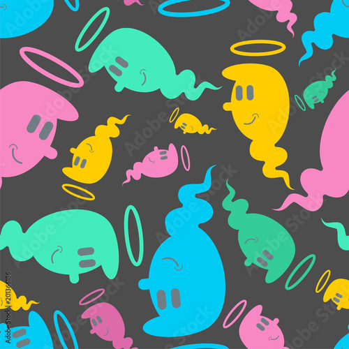 Angel seamless pattern. White ghost background. Good spook with horns.