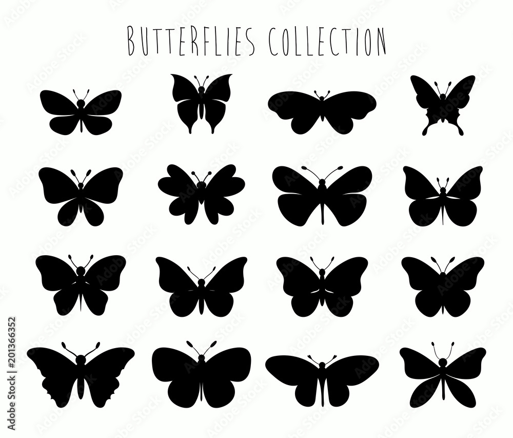 Butterflies collection with different black shapes isolated on white Butterflies collection with different black shapes isolated on white