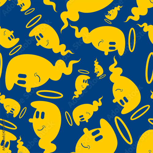 Angel seamless pattern. White ghost background. Good spook with horns.