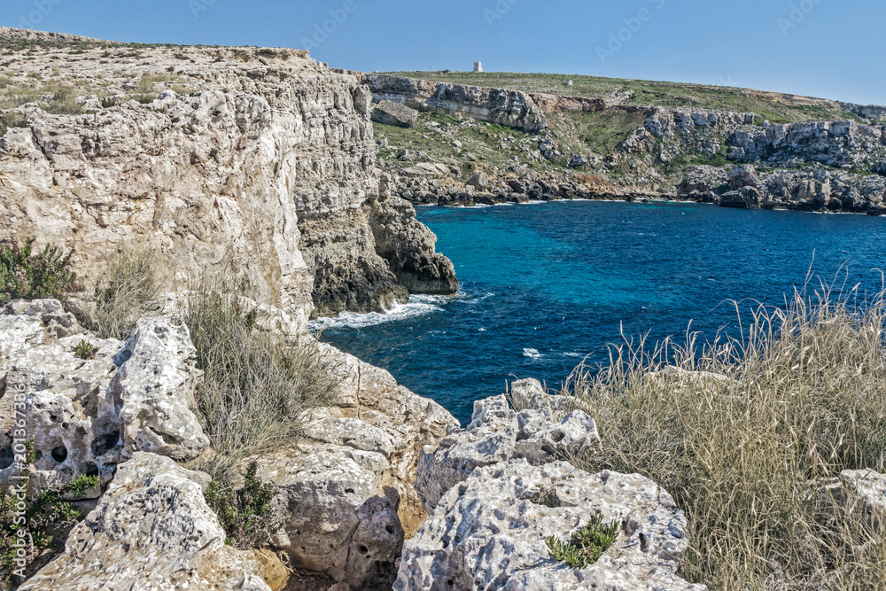 seascape of Mediterranean ocean with cliff in Malta	