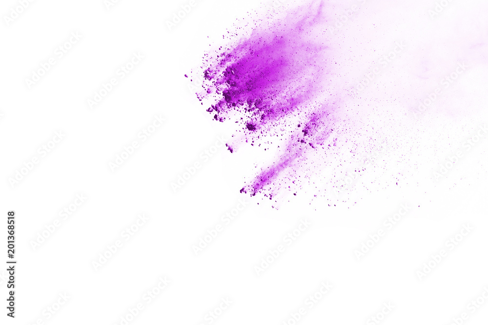 Powder explosion. Closeup of a purple dust particle explosion isolated on white. Abstract background. Powder explosion. Closeup of a purple dust particle explosion isolated on white. Abstract background.