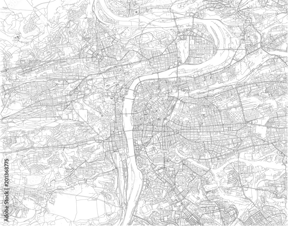Obraz premium Cartina di Praga, vista satellitare, città, Repubblica Ceca. Strade della città e case. Capitale