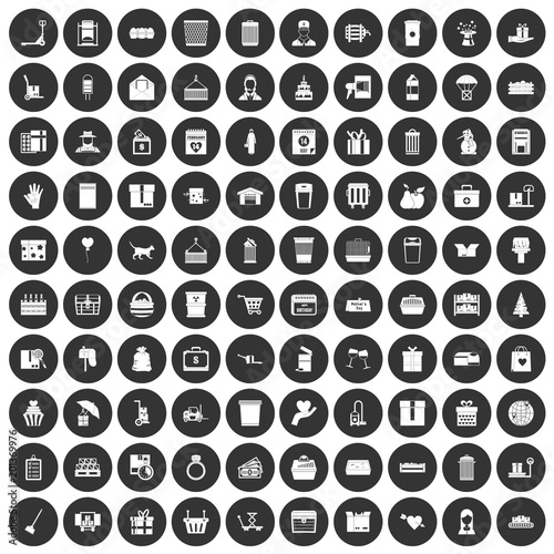 100 box icons set in simple style white on black circle color isolated on white background vector illustration