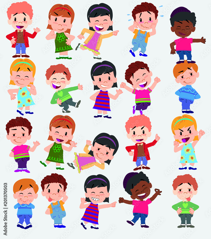 Cartoon character boys and girls. Set with different postures, attitudes and poses, always in positive attitude, doing different activities. Vector illustrations. Cartoon character boys and girls. Set with different postures, attitudes and poses, always in positive attitude, doing different activities. Vector illustrations.