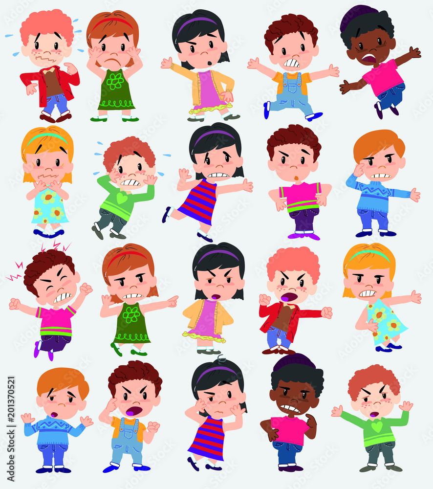 Cartoon character boys and girls. Set with different postures, attitudes and poses, always in negative attitude, doing different activities. Vector illustrations. Cartoon character boys and girls. Set with different postures, attitudes and poses, always in negative attitude, doing different activities. Vector illustrations.