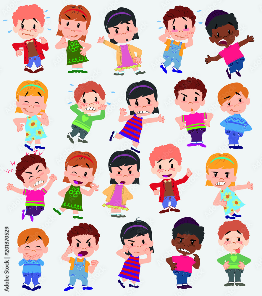 Cartoon character boys and girls. Set with different postures, attitudes and poses, doing different activities. Vector illustrations. Cartoon character boys and girls. Set with different postures, attitudes and poses, doing different activities. Vector illustrations.