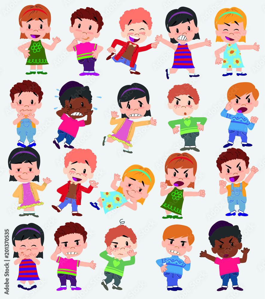 Cartoon character boys and girls. Set with different postures, attitudes and poses, doing different activities. Vector illustrations. Cartoon character boys and girls. Set with different postures, attitudes and poses, doing different activities. Vector illustrations.