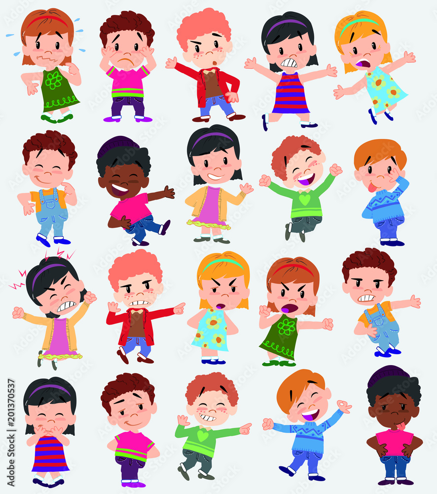 Cartoon character boys and girls. Set with different postures, attitudes and poses, doing different activities. Vector illustrations. Cartoon character boys and girls. Set with different postures, attitudes and poses, doing different activities. Vector illustrations.