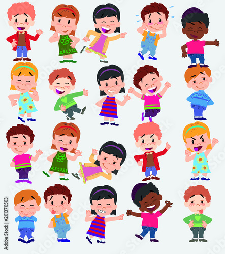 Cartoon character boys and girls. Set with different postures  attitudes and poses  always in positive attitude  doing different activities. Vector illustrations.