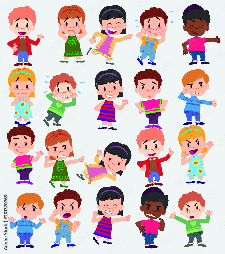 Cartoon character boys and girls. Set with different postures, attitudes and poses, doing different activities. Vector illustrations. Cartoon character boys and girls. Set with different postures, attitudes and poses, doing different activities. Vector illustrations.