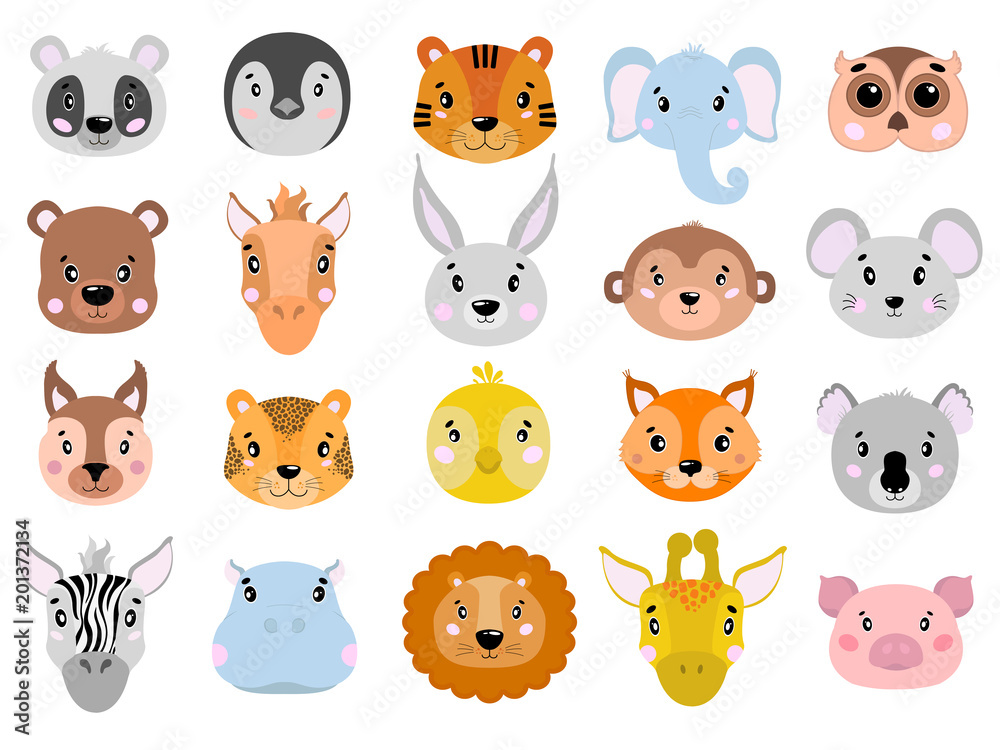 Big vector set of cute animals face icon flat. Big vector set of cute animals face icon flat.