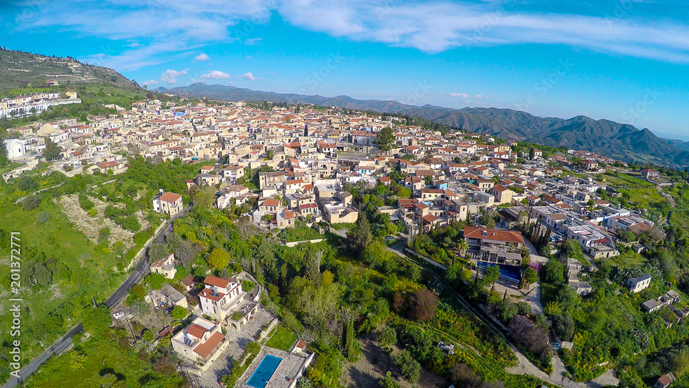 Top view of Cyprus real estate for sale or rent, beautiful mountain resort town