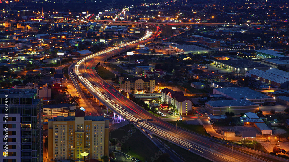 Aerial of San Antonio, Texas expressways at night