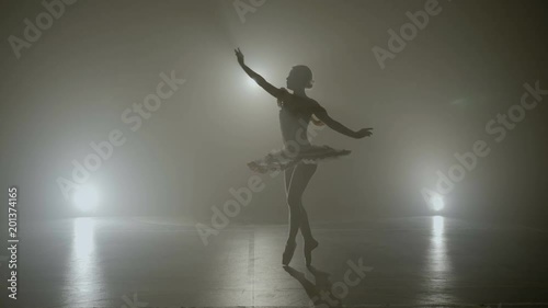 Graceful ballerina dressed in white performing a wonderful dance on a foggy stage
