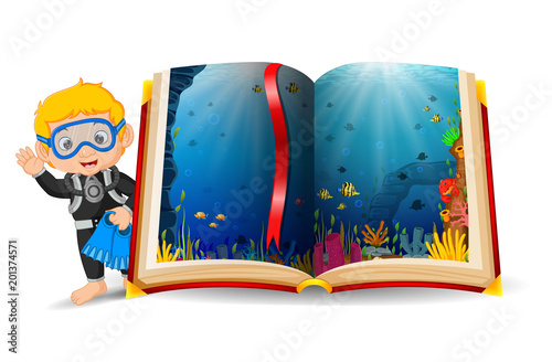 ocean scenery in the book and kid wearing a diving costume
