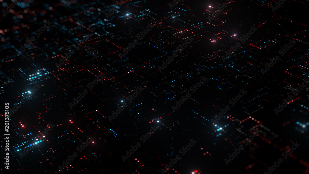 Fototapeta premium 3d render abstract digital background with tech dots. Technology concept with bright glow circles particles.
