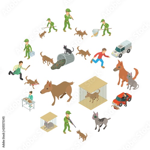 Stray animals icons set. Isometric illustration of 16 stray animals vector icons for web