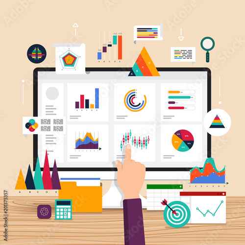 Flat design concept data analysis. Visualize with graph and chart marketing growth. Vector illustration.