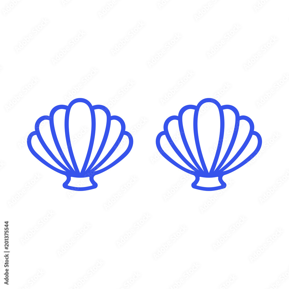 Blue mermaid bra. Outline mermaid top - t-shirt design. Scallop sea shell.  Clam. Conch. Seashell - flat vector icon. Stock Vector