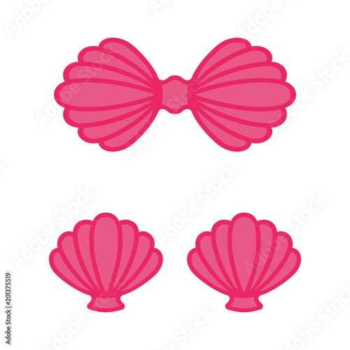 Pink mermaid bra. Mermaid top - t-shirt design. Scallop sea shell. Clam. Conch. Seashell - flat vector icon.