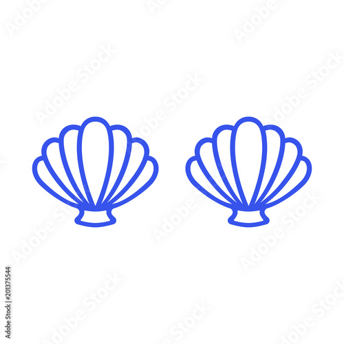 Blue mermaid bra. Outline mermaid top - t-shirt design. Scallop sea shell. Clam. Conch. Seashell - flat vector icon.