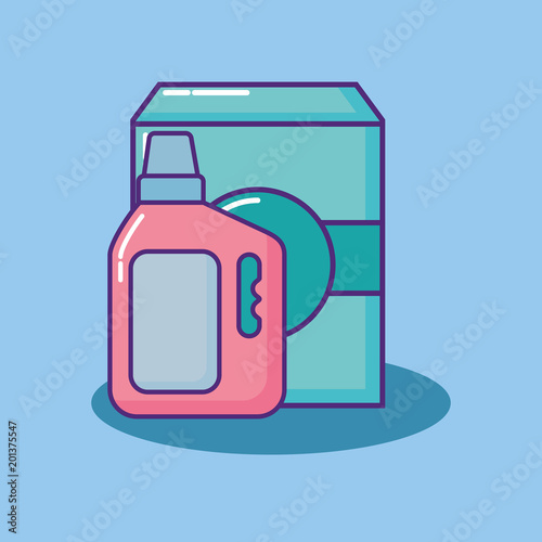 cleaning supplies design with soap box and cleaning bottle over blue background, colorful design. vector illustration