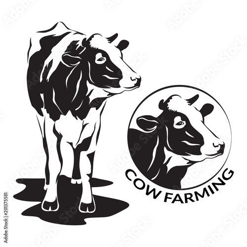 Cow stylized symbol and cow head portrait. Silhouette of farm animal, cattle. Emblem, logo or label for design. Vector illustration.