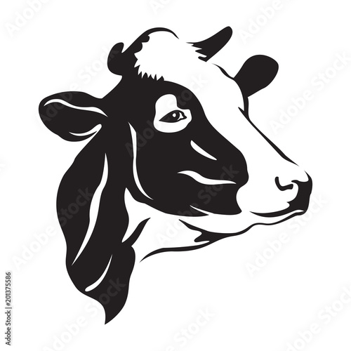 Cow head stylized symbol, cow portrait. Silhouette of farm animal, cattle. Emblem, logo or label for design. Vector illustration.