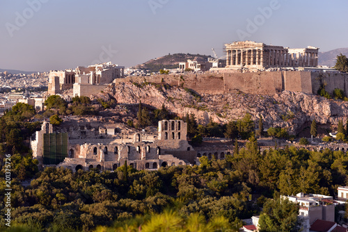 Panoramic Skyline of the capital city of Athens and the famous Acropolis Hill in Greece