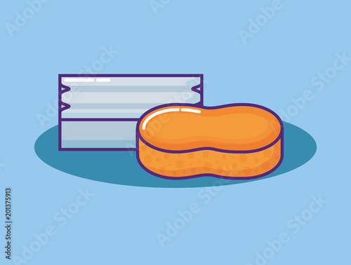 soap bar and sponge over blue background, colorful design. vector illustration