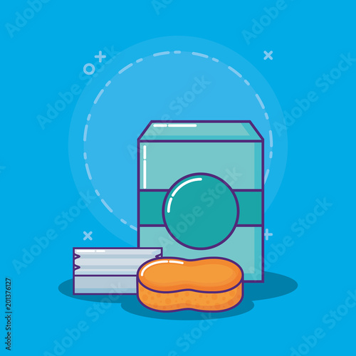 cleaning supplies design with soap box and soap bar and sponge over blue background, colorful design. vector illustration