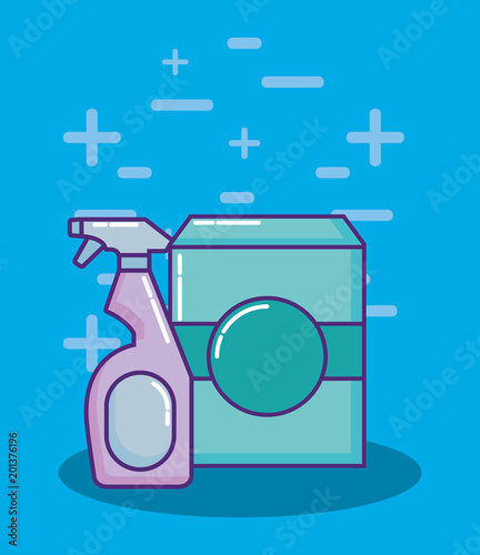 cleaning supplies design with soap box and spray bottle over blue background, colorful design. vector illustration