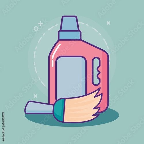 cleaning supplies design with detergent bottle and broom over green background, colorful design. vector illustration 