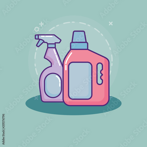 cleaning supplies design with detergent bottle and spray bottle over green background, colorful design. vector illustration 