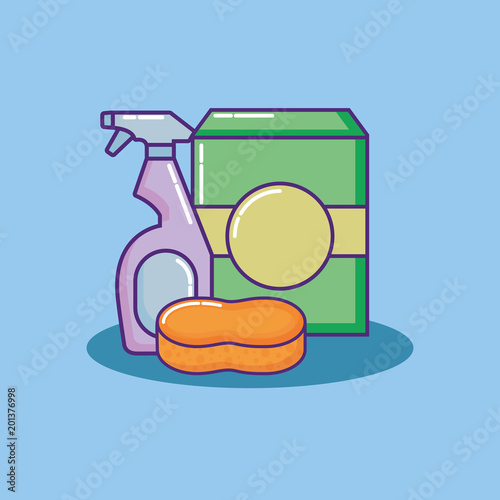 cleaning supplies design with soap box and spray bottle over blue background, colorful design. vector illustration