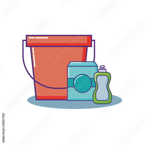 cleaning supplies design with bucket and soap box and bottle over white background, colorful design. vector illustration