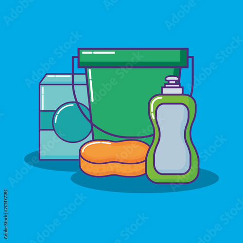 cleaning supplies design with bucket and related icons over blue background, colorful design. vector illustration