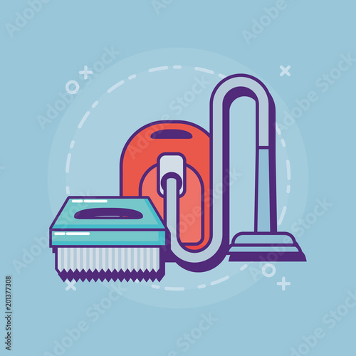 cleaning supplies design with vaccum cleaner and scrub brush over blue background, colorful design. vector illustration