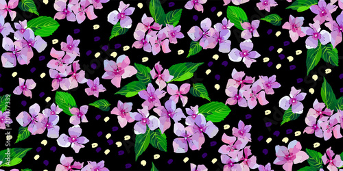 Lilac wild flowers seamless pattern. Small flowers and leaves hand drawn. Vector illustration for textile, wrapping, scrapbooking.