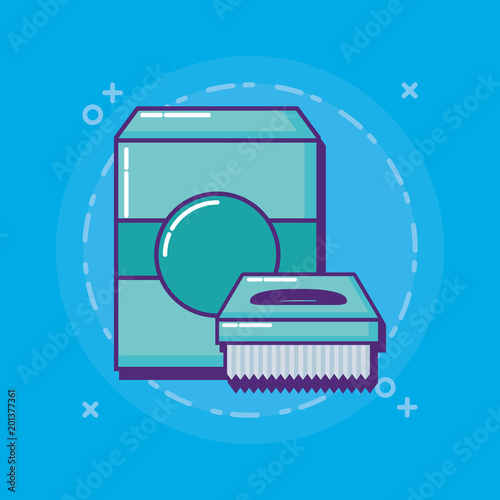 cleaning supplies design with soap box and scrub brush over blue background, colorful design. vector illustration