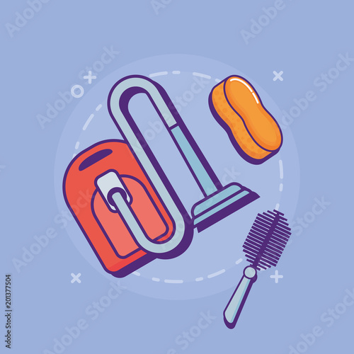 cleaning supplies design with vaccum cleaner and sponge over purple background, colorful design. vector illustration