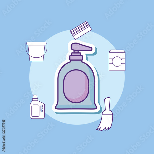 handsoap bottle and cleaning supplies around over blue background, colorful design. vector illustration