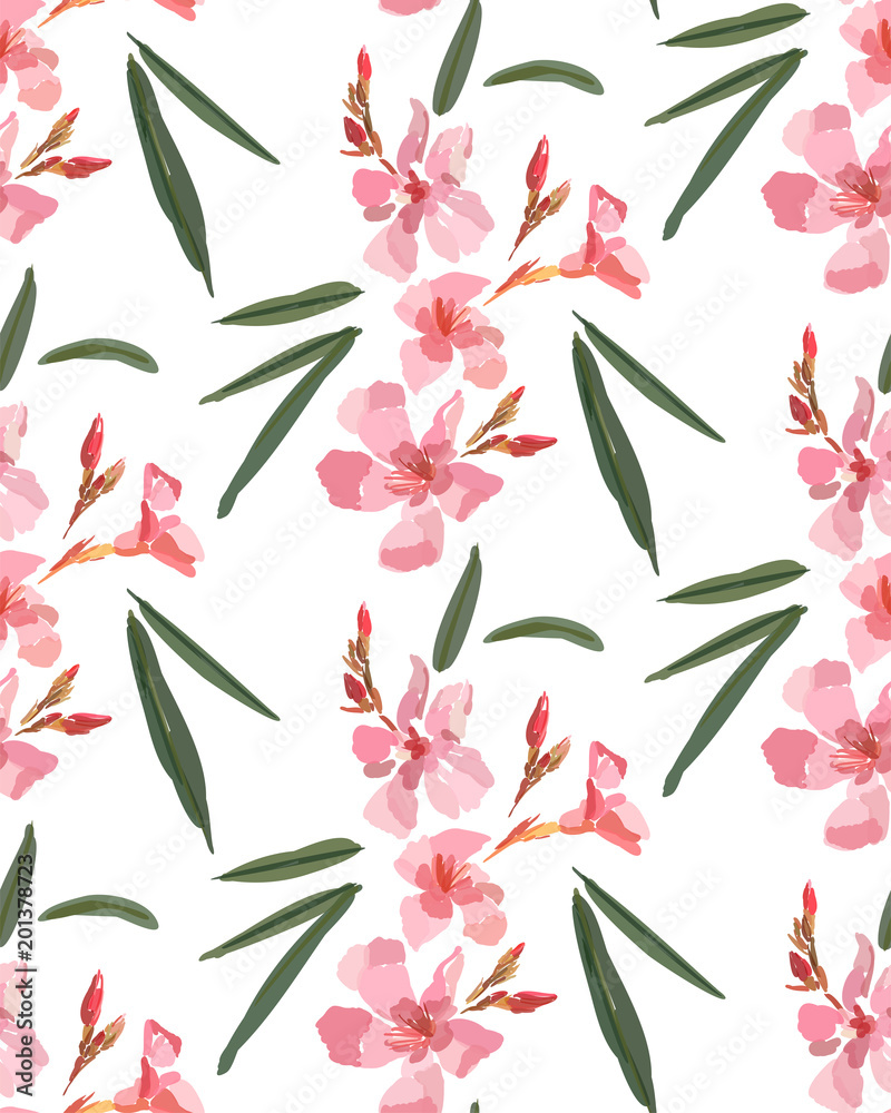 Pink oleander seamless pattern. Botanical illustration hand drawn. Vector floral design for fashion prints, scrapbook, wrapping paper. Pink oleander seamless pattern. Botanical illustration hand drawn. Vector floral design for fashion prints, scrapbook, wrapping paper.