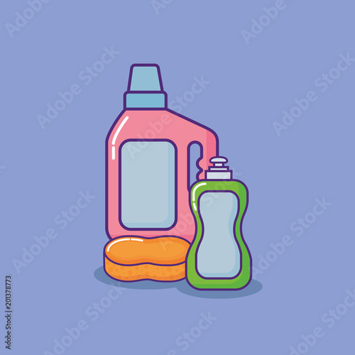 cleaning supplies design with detergent bottle and related icons over purple background, colorful design. vector illustration 