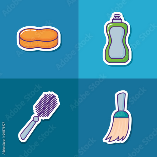 icon set of house cleaning concept over blue squares, colorful design. vector illustration