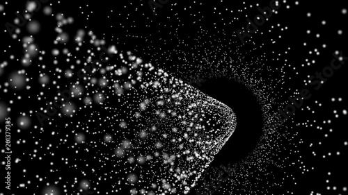 Abstract dark background. Moving particles form as concept of motion, space, depth, mystery, penetration and flow. Black background. photo