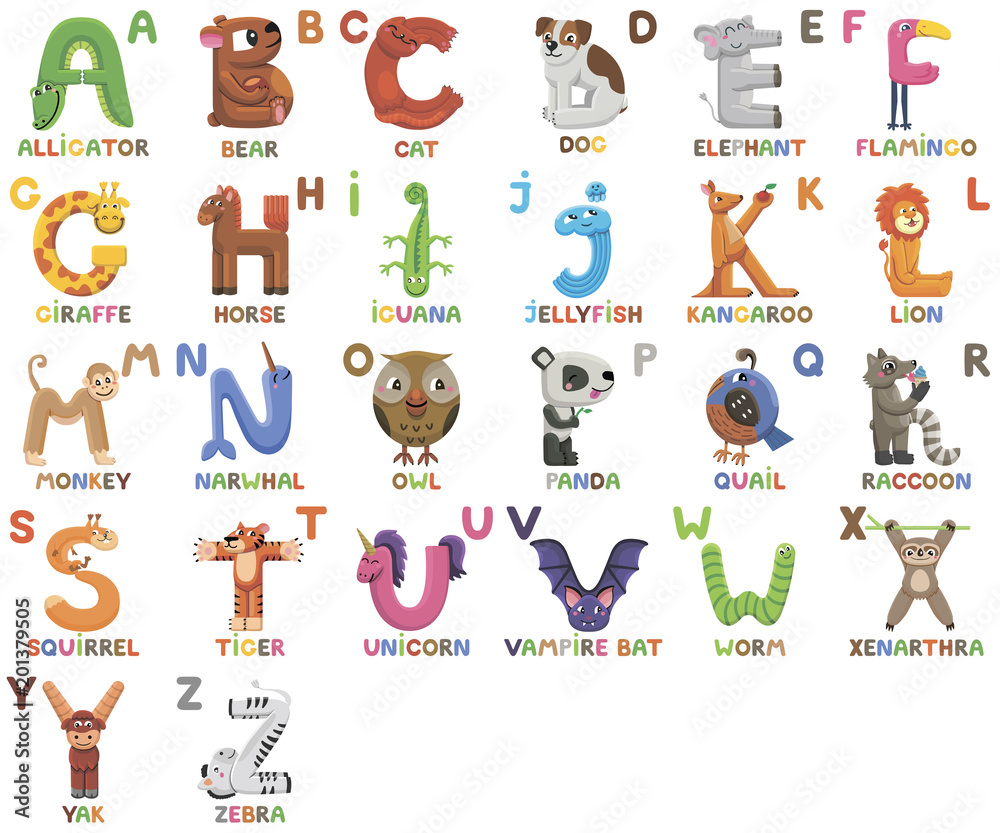 Zoo alphabet. Animal alphabet. Letters from A to Z. Cartoon cute animals  isolated on white background Stock Vector | Adobe Stock